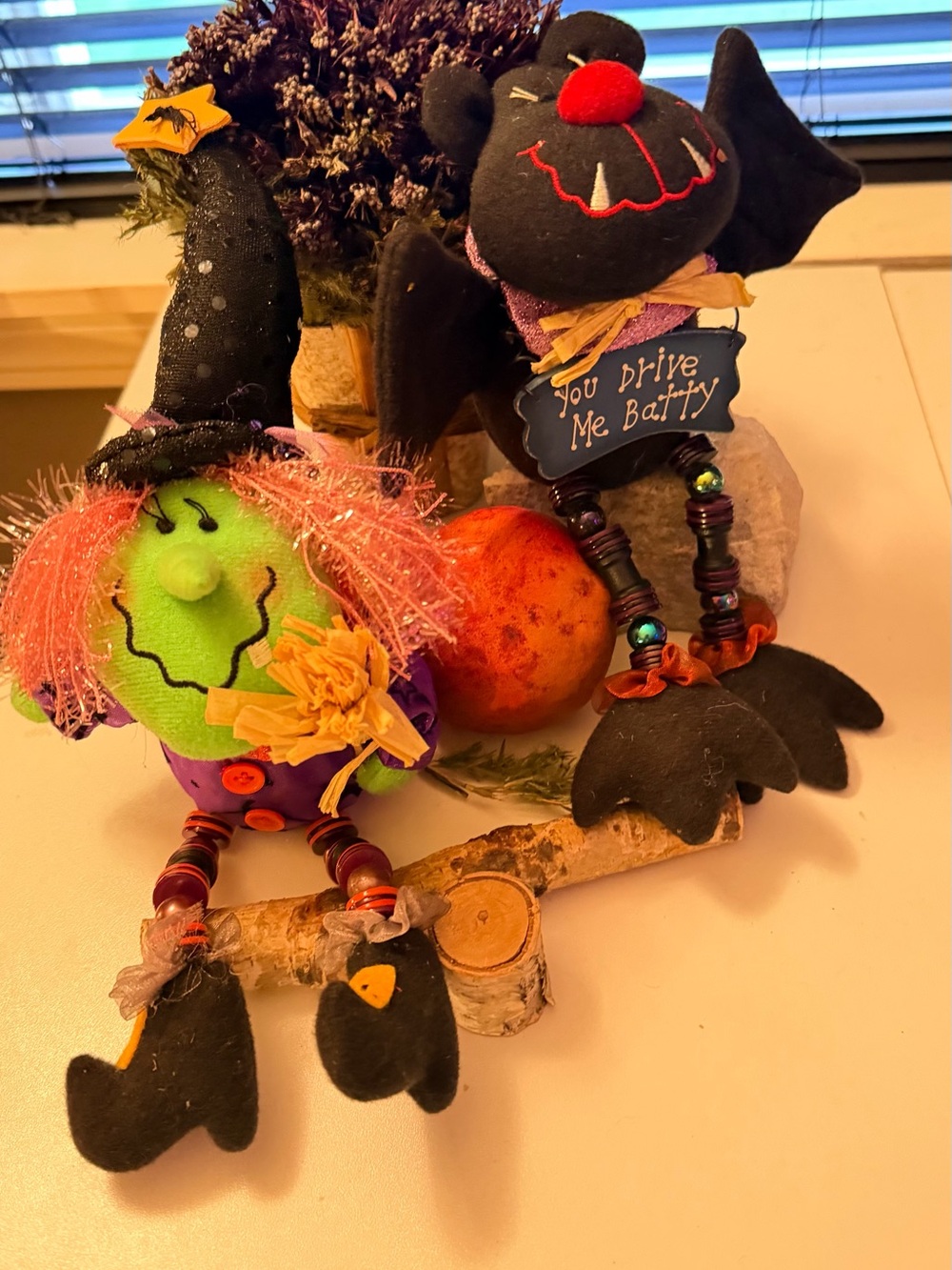 Dangling Legs Halloween Witch 🧙♀️& Bat Plush Set - You Drive Me Batty Sign 🦇